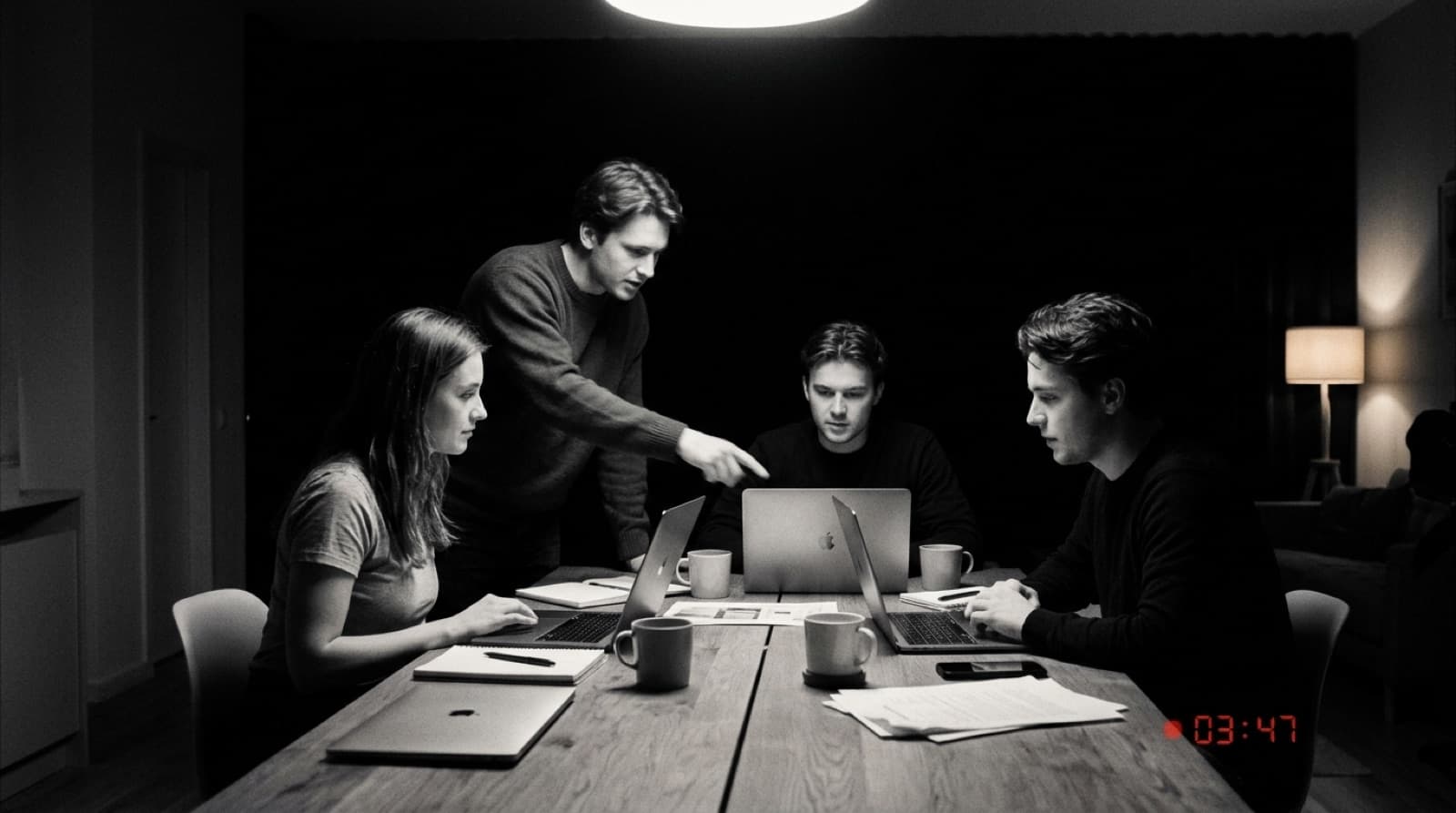 Founders trabalhando juntos de madrugada em volta de uma mesa com laptops